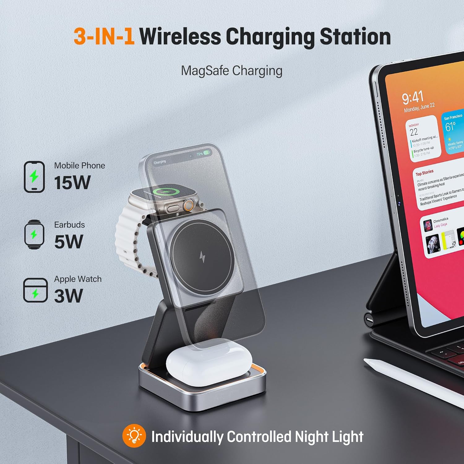 W90 Foldable Wireless Charger 3 in 1 for iPhone